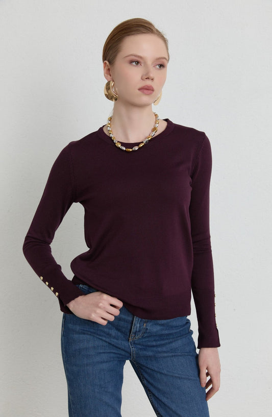 Gold Düğmeli Kısa Mürdüm Basic Merserize Triko Kazak - Fatma Atasoy