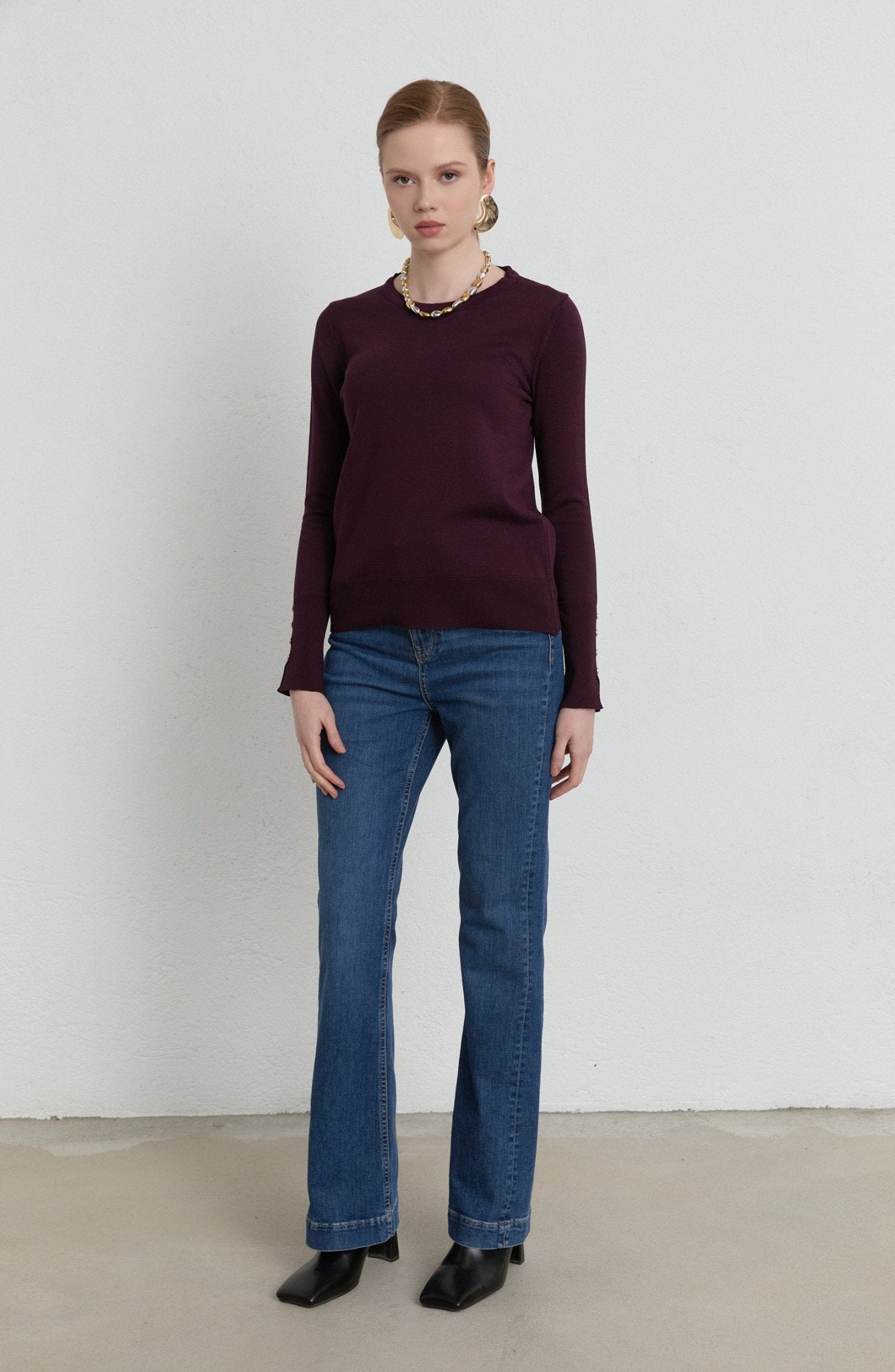 Gold Düğmeli Kısa Mürdüm Basic Merserize Triko Kazak - Fatma Atasoy