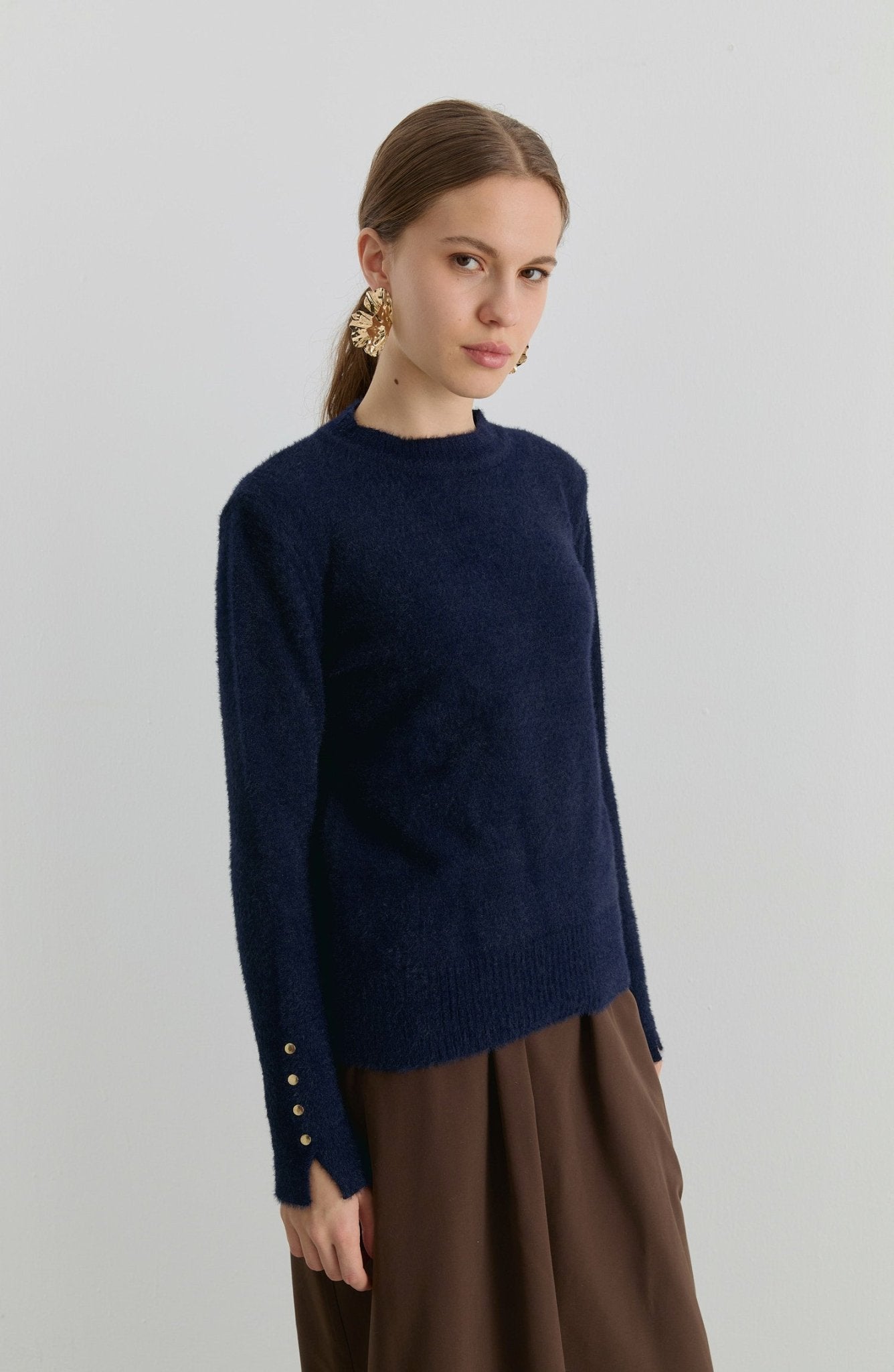 Gold Düğmeli Koyu Lacivert Kısa Basic Yumoş Triko Kazak - Fatma Atasoy