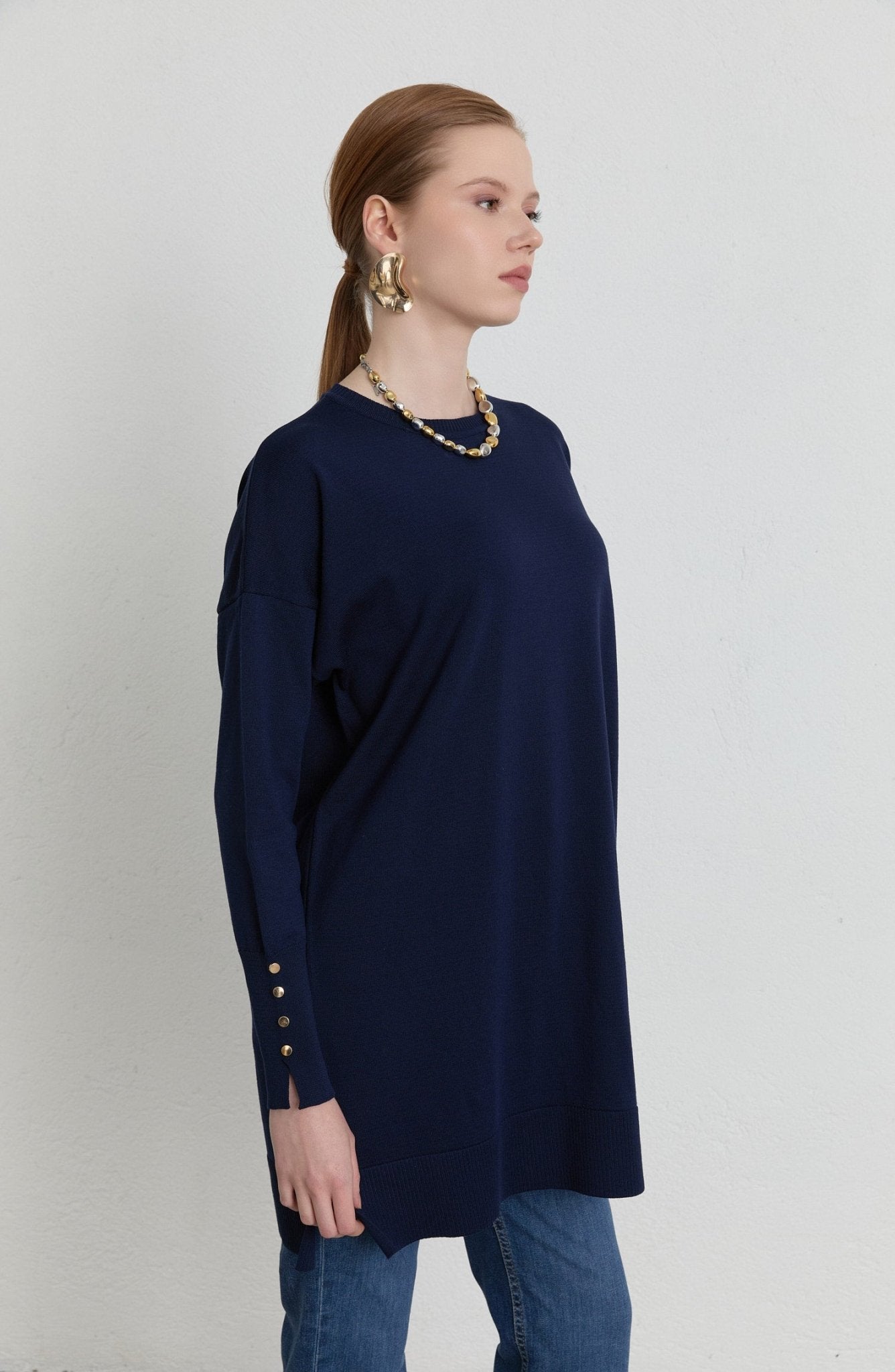 Gold Düğmeli Lacivert Basic Merserize Triko Kazak - Fatma Atasoy