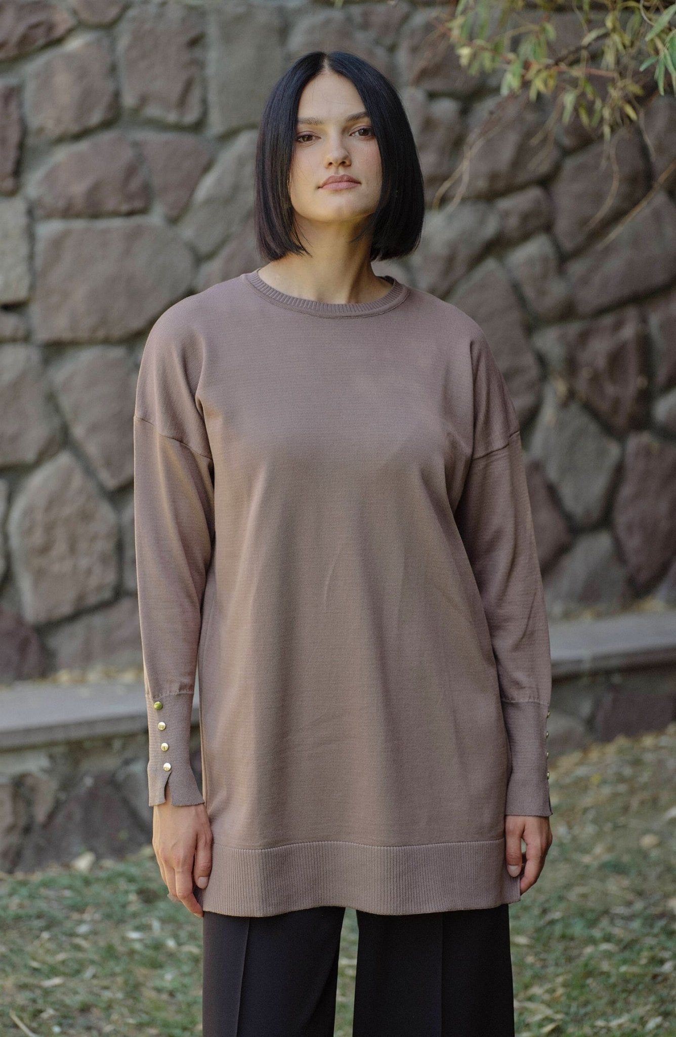 Gold Düğmeli Mocha Basic Merserize Triko Kazak - Fatma Atasoy