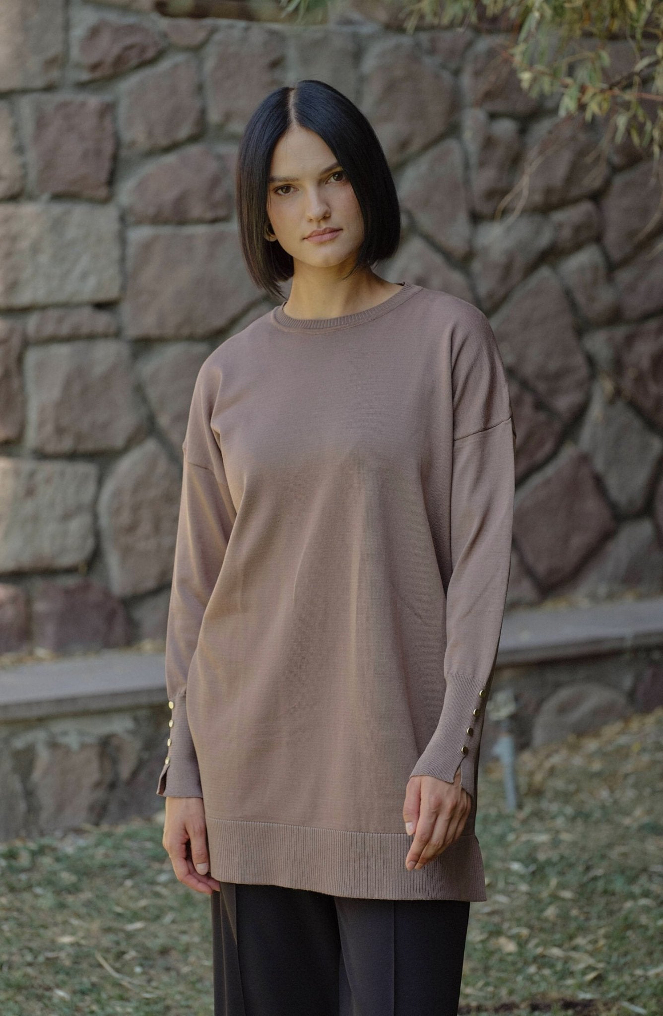 Gold Düğmeli Mocha Basic Merserize Triko Kazak - Fatma Atasoy
