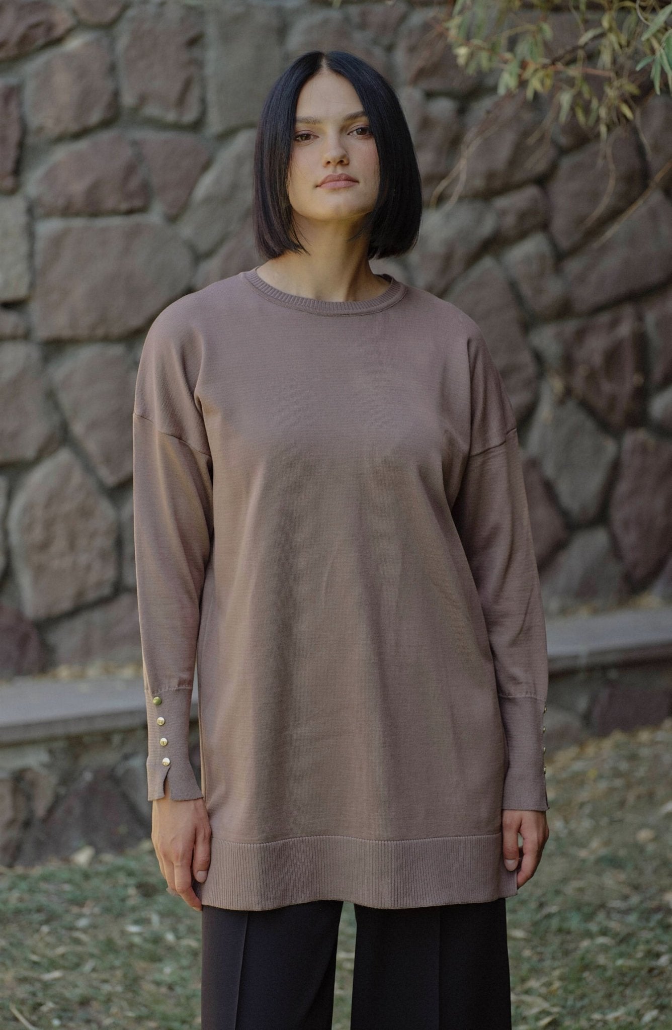 Gold Düğmeli Mocha Basic Merserize Triko Kazak - Fatma Atasoy