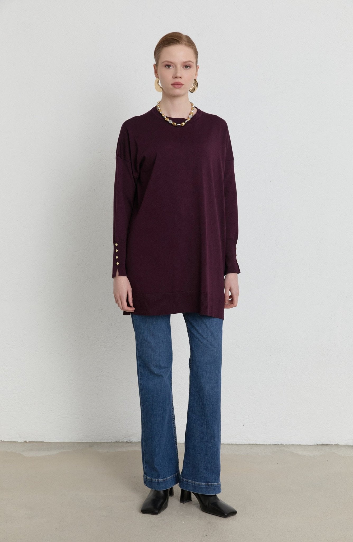 Gold Düğmeli Mürdüm Basic Merserize Triko Kazak - Fatma Atasoy