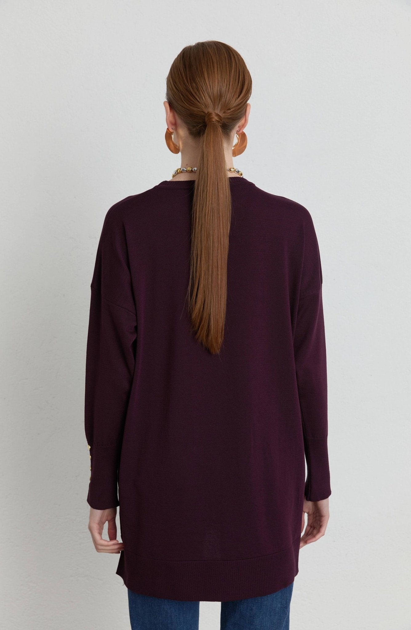 Gold Düğmeli Mürdüm Basic Merserize Triko Kazak - Fatma Atasoy