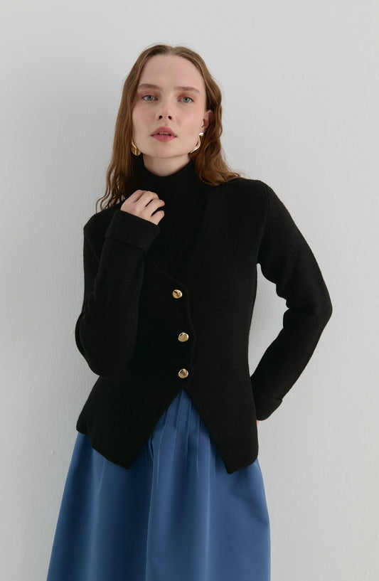 Gold Düğmeli Siyah Yumoş Triko Hırka - Fatma Atasoy