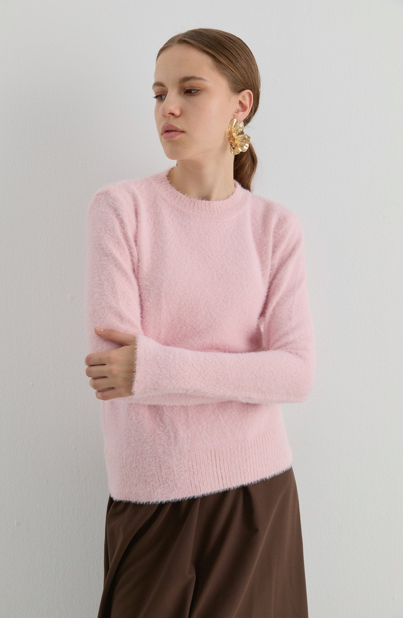 Gold Düğmeli Soft Pembe Kısa Basic Yumoş Triko Kazak - Fatma Atasoy