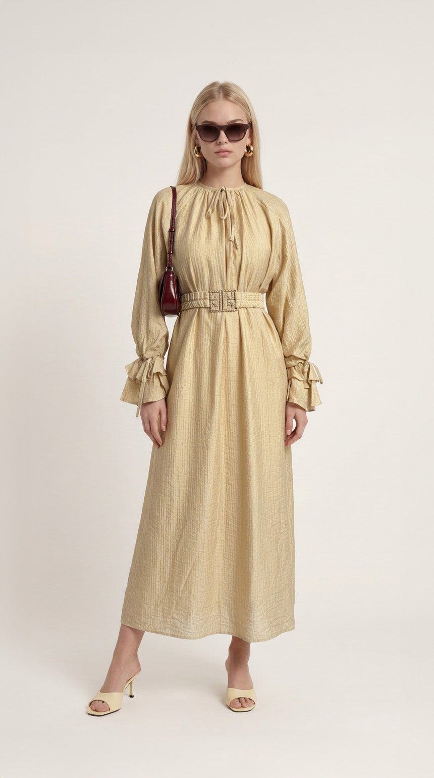 Gold Kemerli Antik Sarı Soft Touch Tensel Elbise - Fatma Atasoy