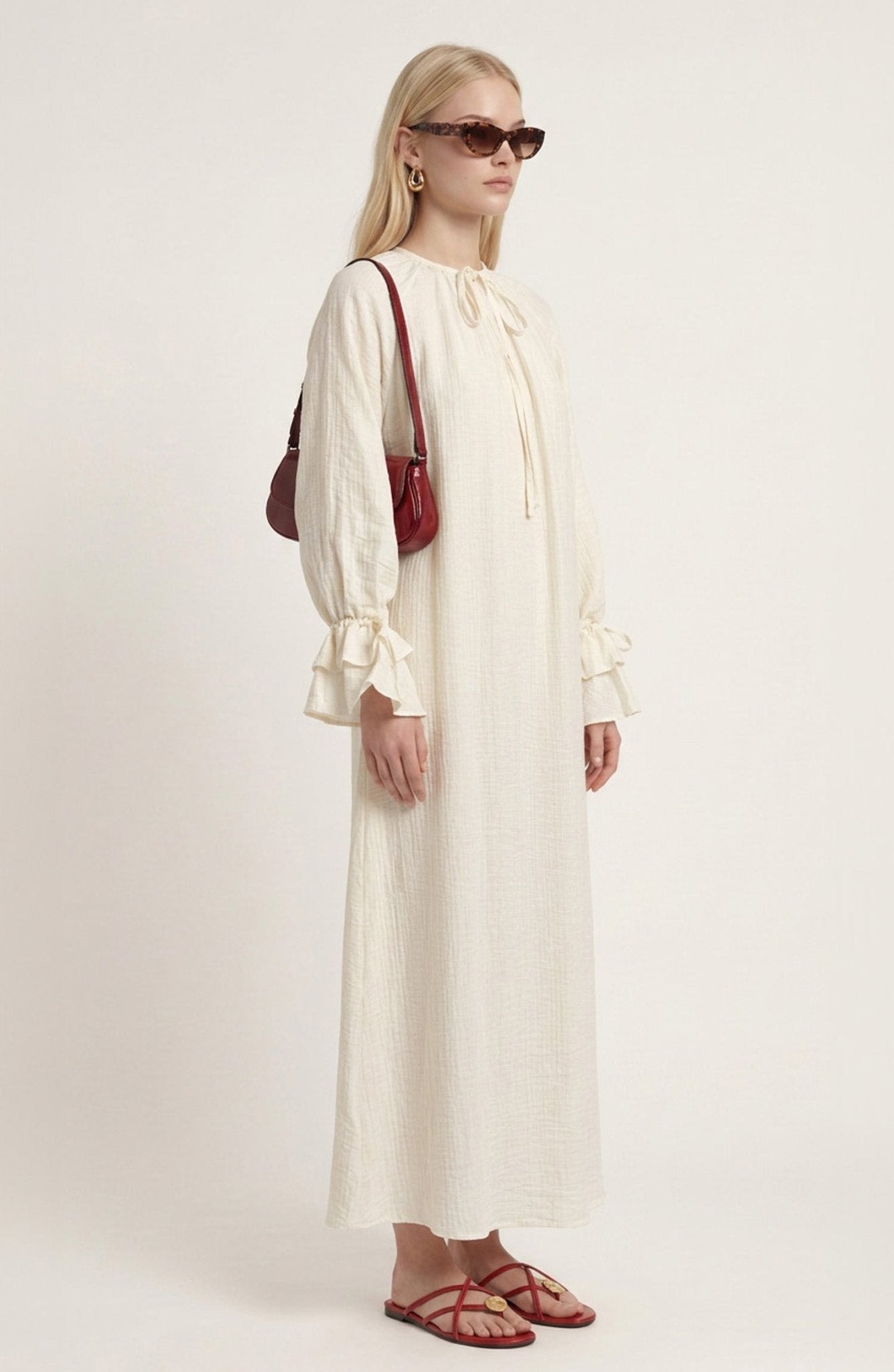 Gold Kemerli Ekru Soft Touch Tensel Elbise - Fatma Atasoy