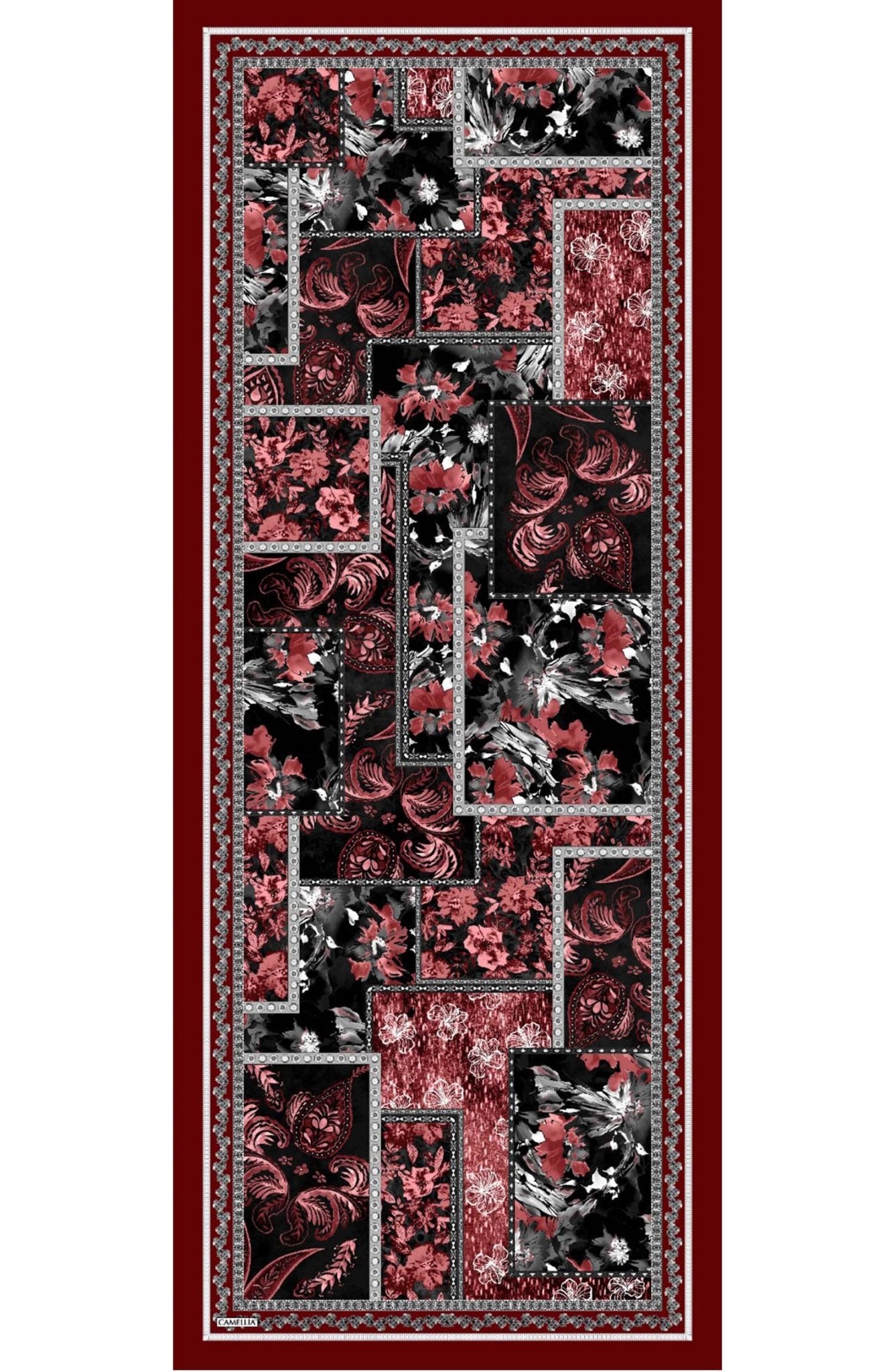Hibisca Siyah Bordo Etnik Desenli Şal - Fatma Atasoy
