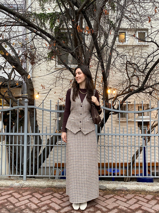 Kazayağı Yelek Etek Takım Sütlü Kahve