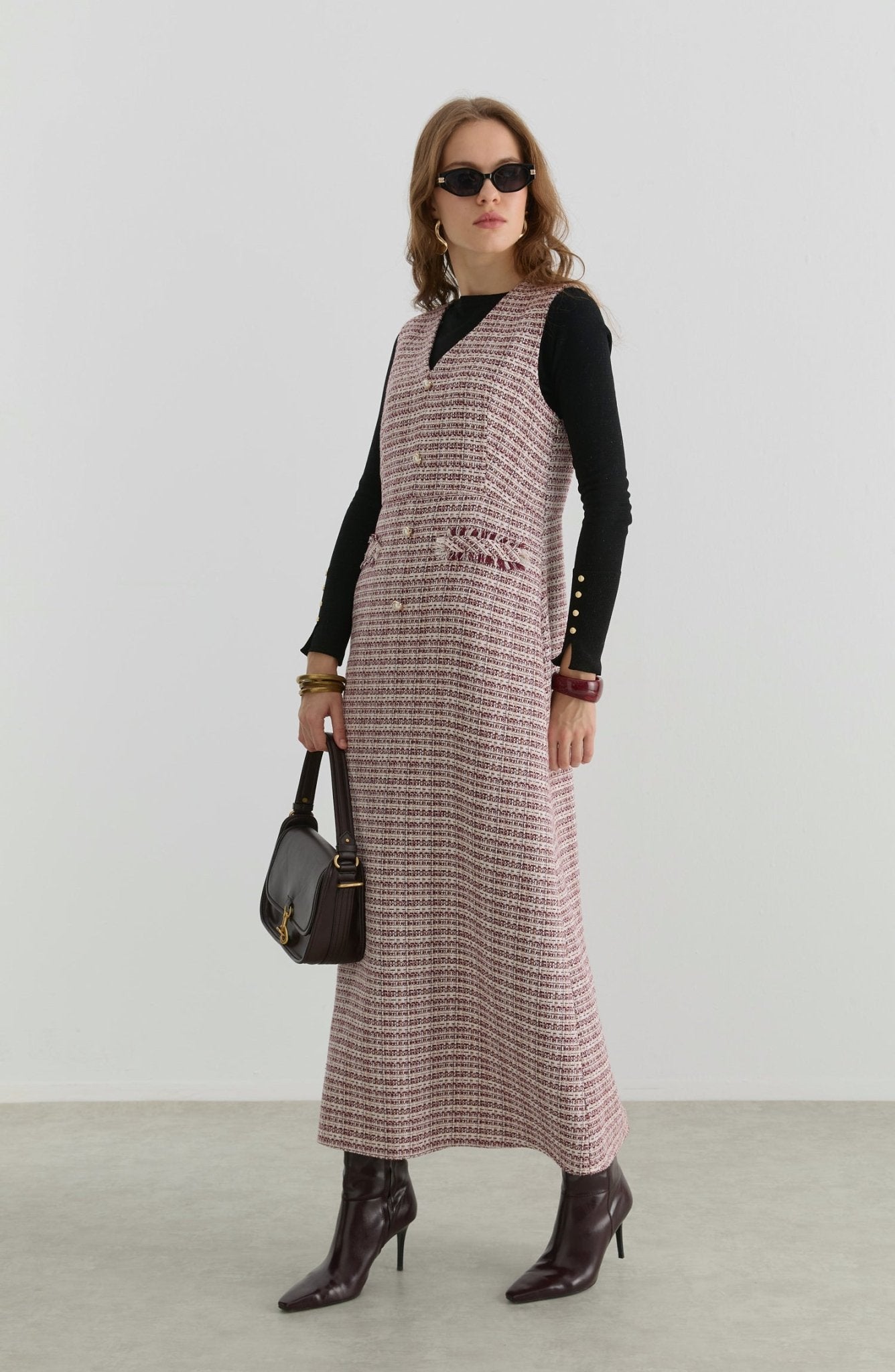 İnci Düğmeli Bordo Tüvit Jile - Fatma Atasoy