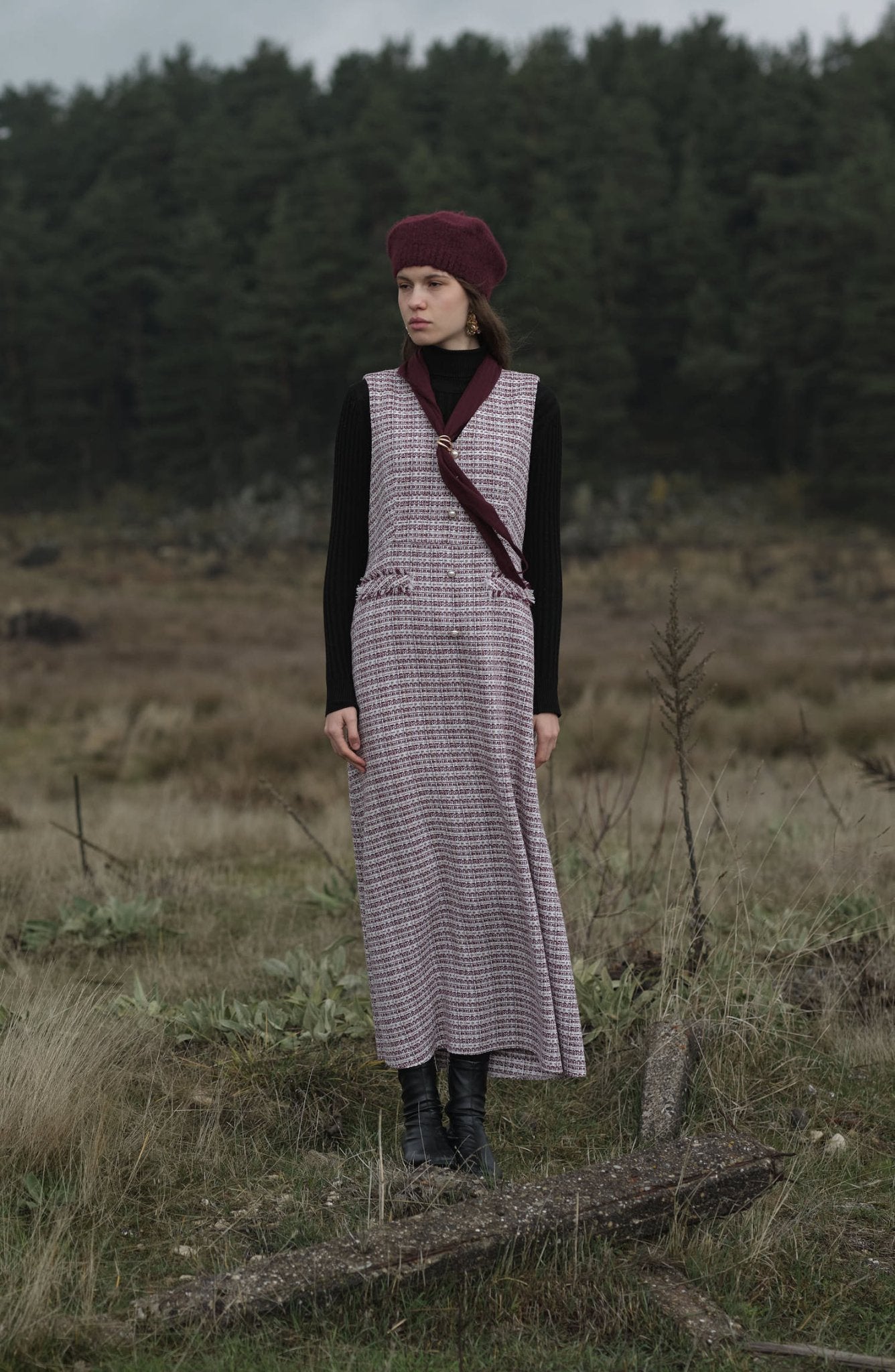 İnci Düğmeli Bordo Tüvit Jile - Fatma Atasoy