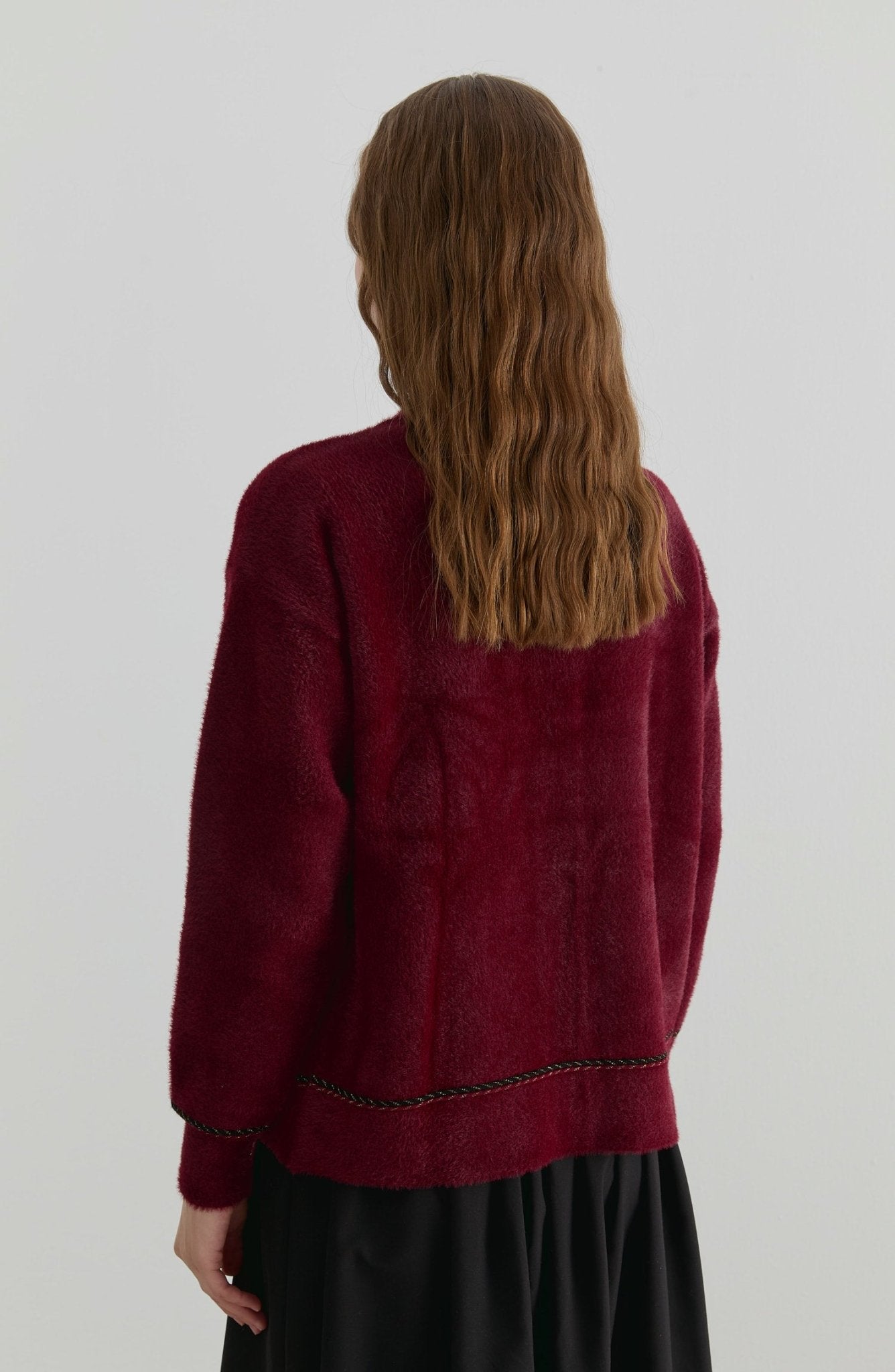 İnci Düğmeli Bordo Yumoş Triko Hırka - Fatma Atasoy