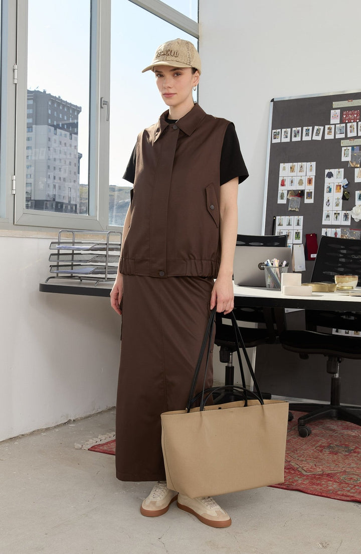 Kapak Cepli Acı Kahve Trenç Etek - Fatma Atasoy