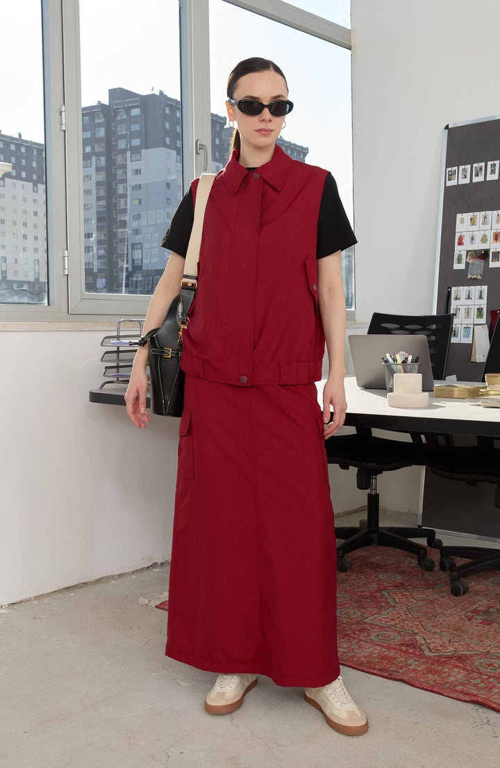 Kapak Cepli Bordo Trenç Etek - Fatma Atasoy