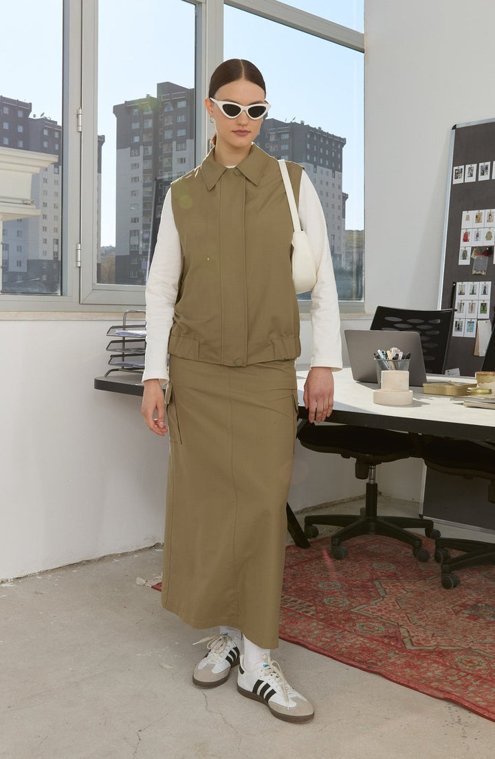 Kapak Cepli Haki Trenç Etek - Fatma Atasoy