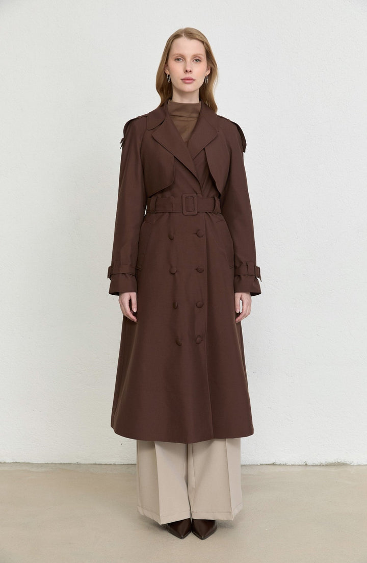 Kaplama Kemerli Acı Kahve Trençkot - Fatma Atasoy