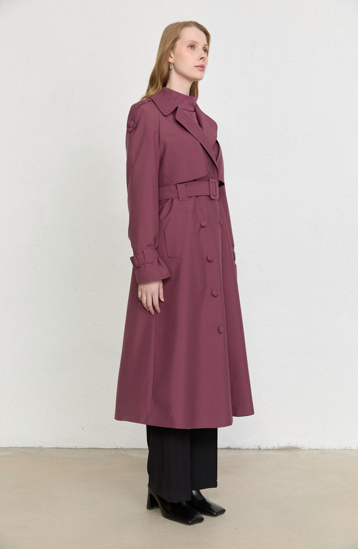 Kaplama Kemerli Mürdüm Trençkot - Fatma Atasoy