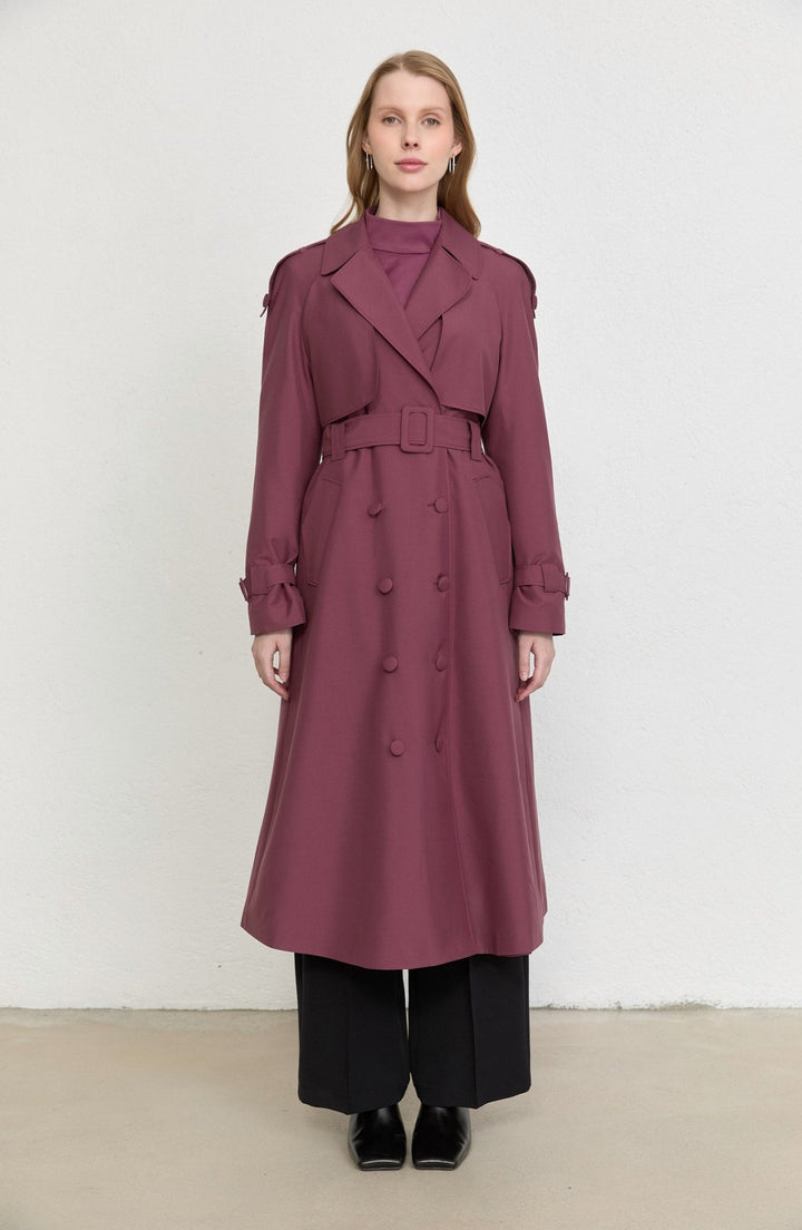 Kaplama Kemerli Mürdüm Trençkot - Fatma Atasoy