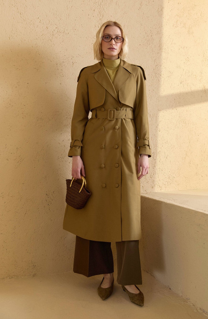 Kaplama Kemerli Yağ Yeşili Trençkot - Fatma Atasoy