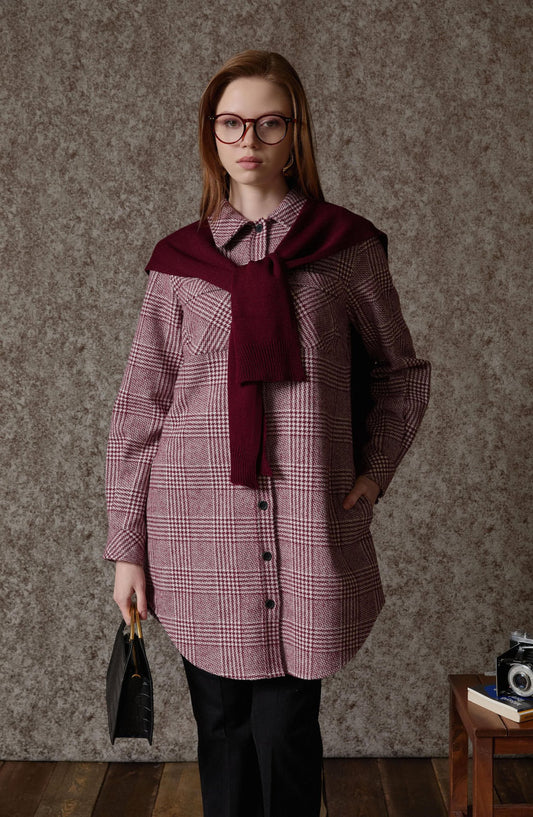 Kazak Görünümlü Bordo Triko Kare Şal - Fatma Atasoy