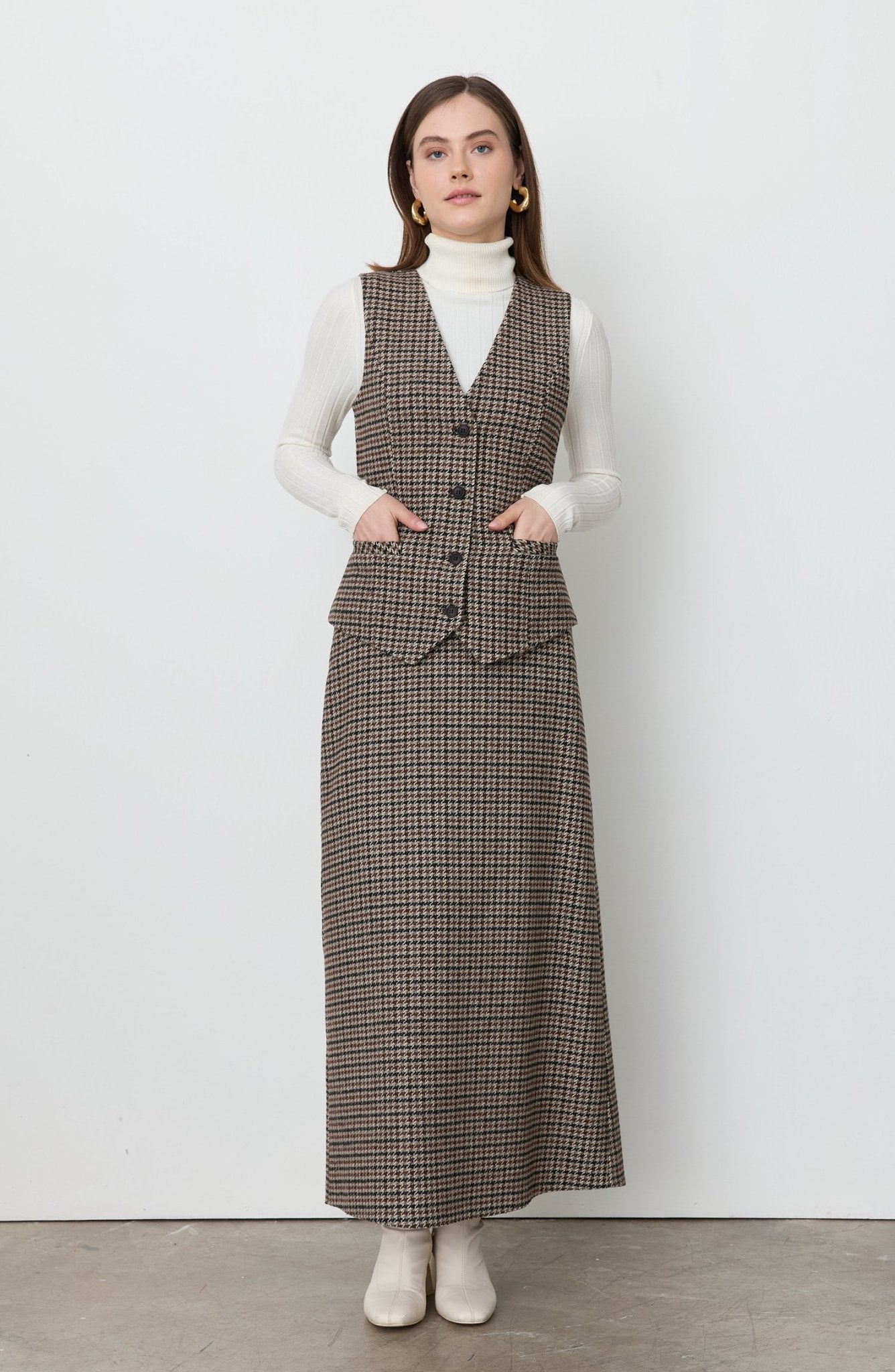 Kazayağı Yelek Etek Takım Kahve - Fatma Atasoy