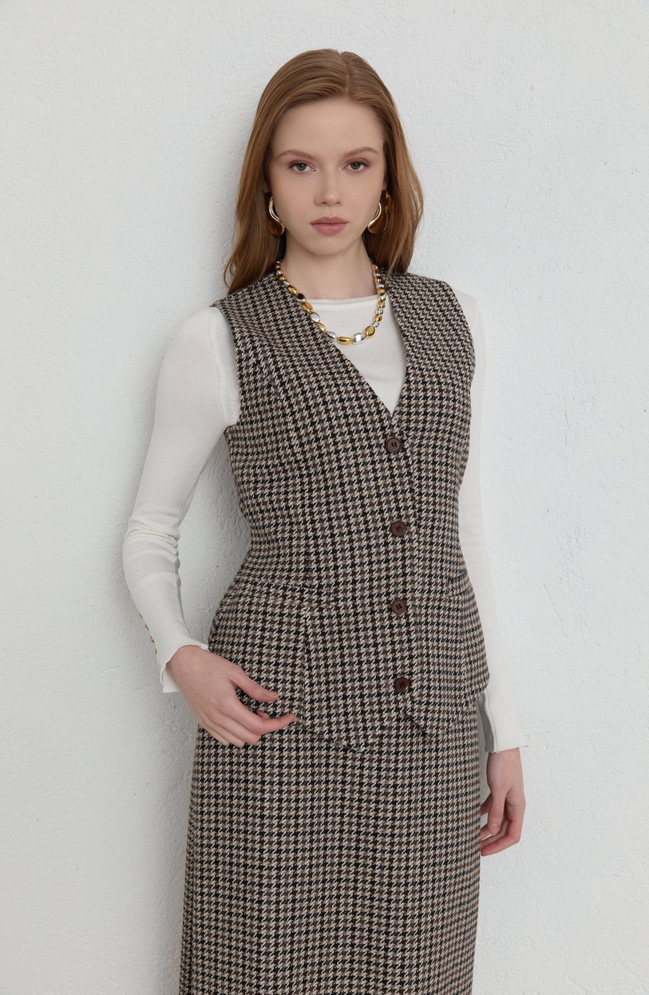 Kazayağı Yelek Etek Takım Kahve - Fatma Atasoy