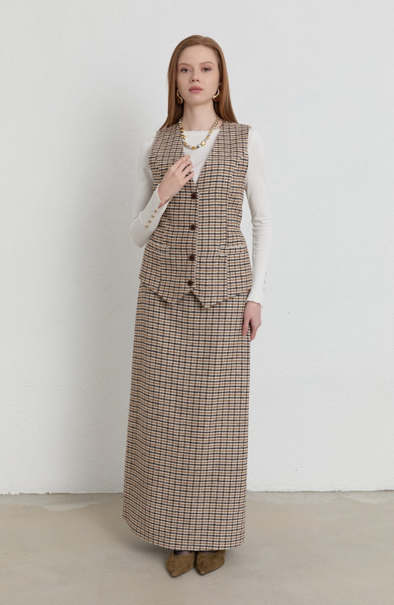 Kazayağı Yelek Etek Takım Sütlü Kahve - Fatma Atasoy