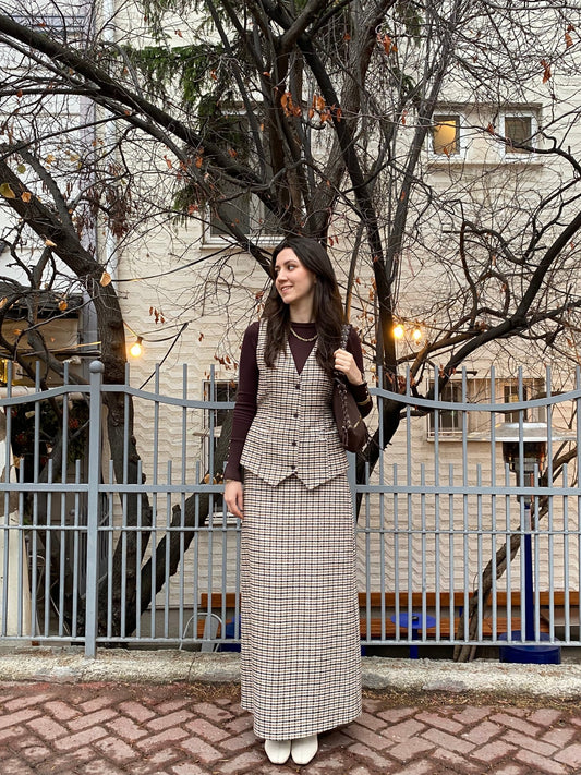 Kazayağı Yelek Etek Takım Sütlü Kahve - Fatma Atasoy