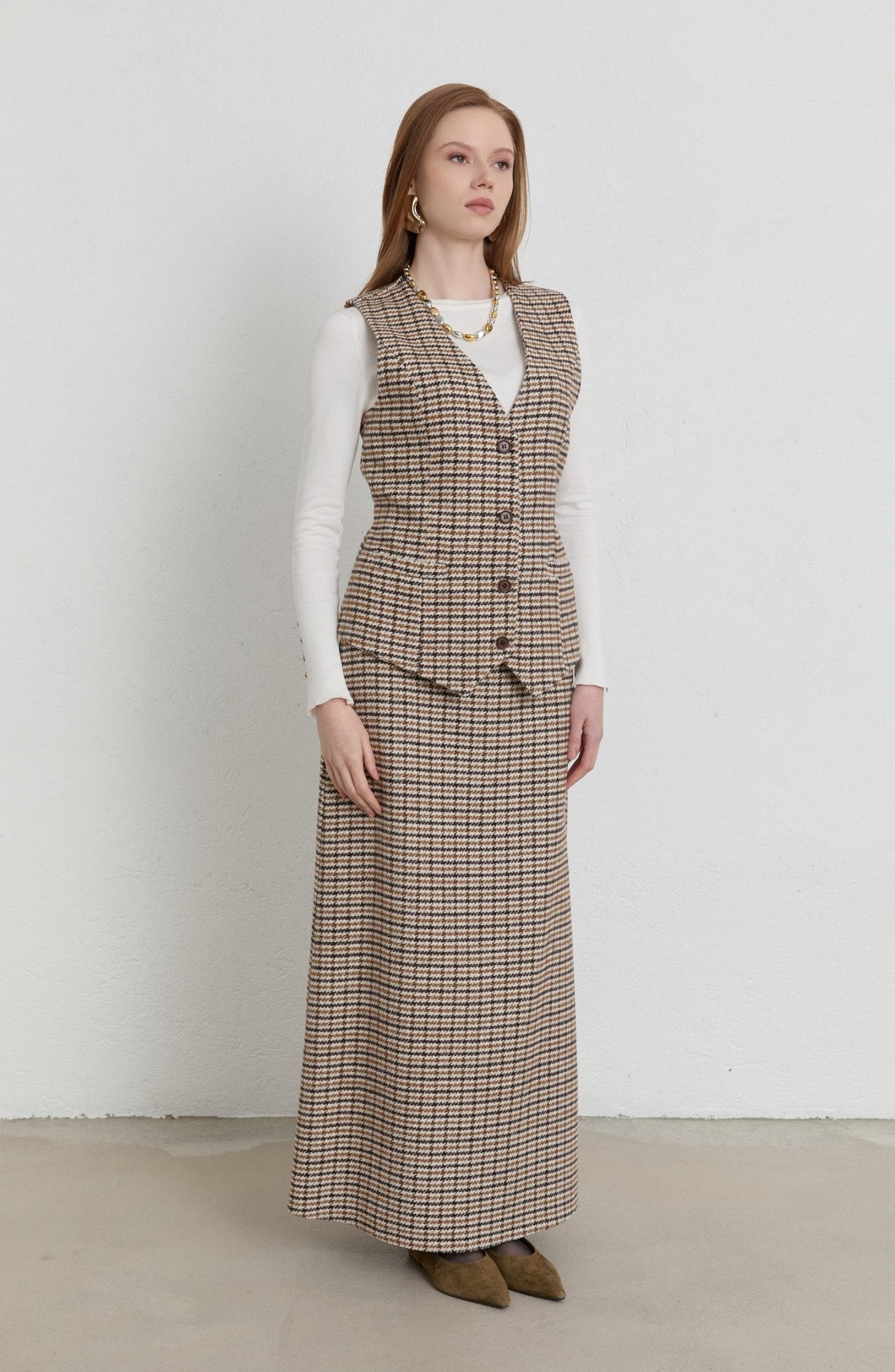 Kazayağı Yelek Etek Takım Sütlü Kahve - Fatma Atasoy