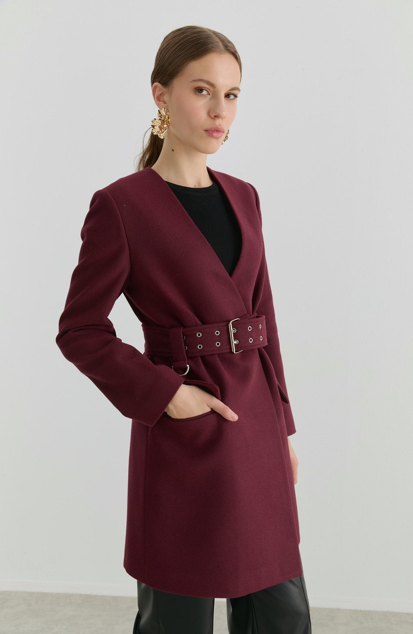 Kemerli Bordo Kaşmir Ceket Kaban - Fatma Atasoy
