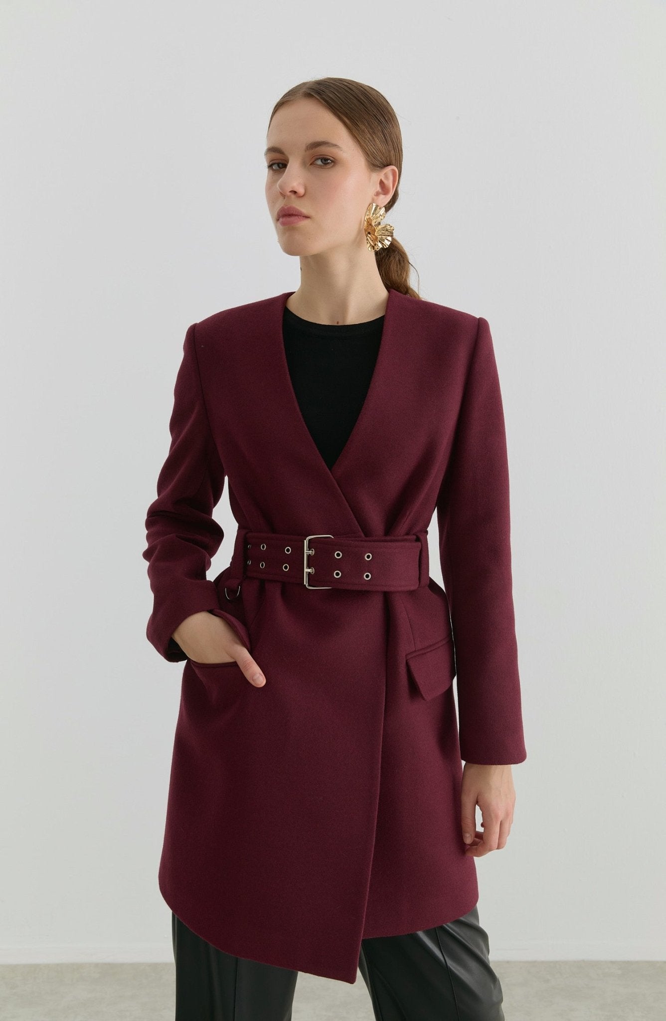 Kemerli Bordo Kaşmir Ceket Kaban - Fatma Atasoy