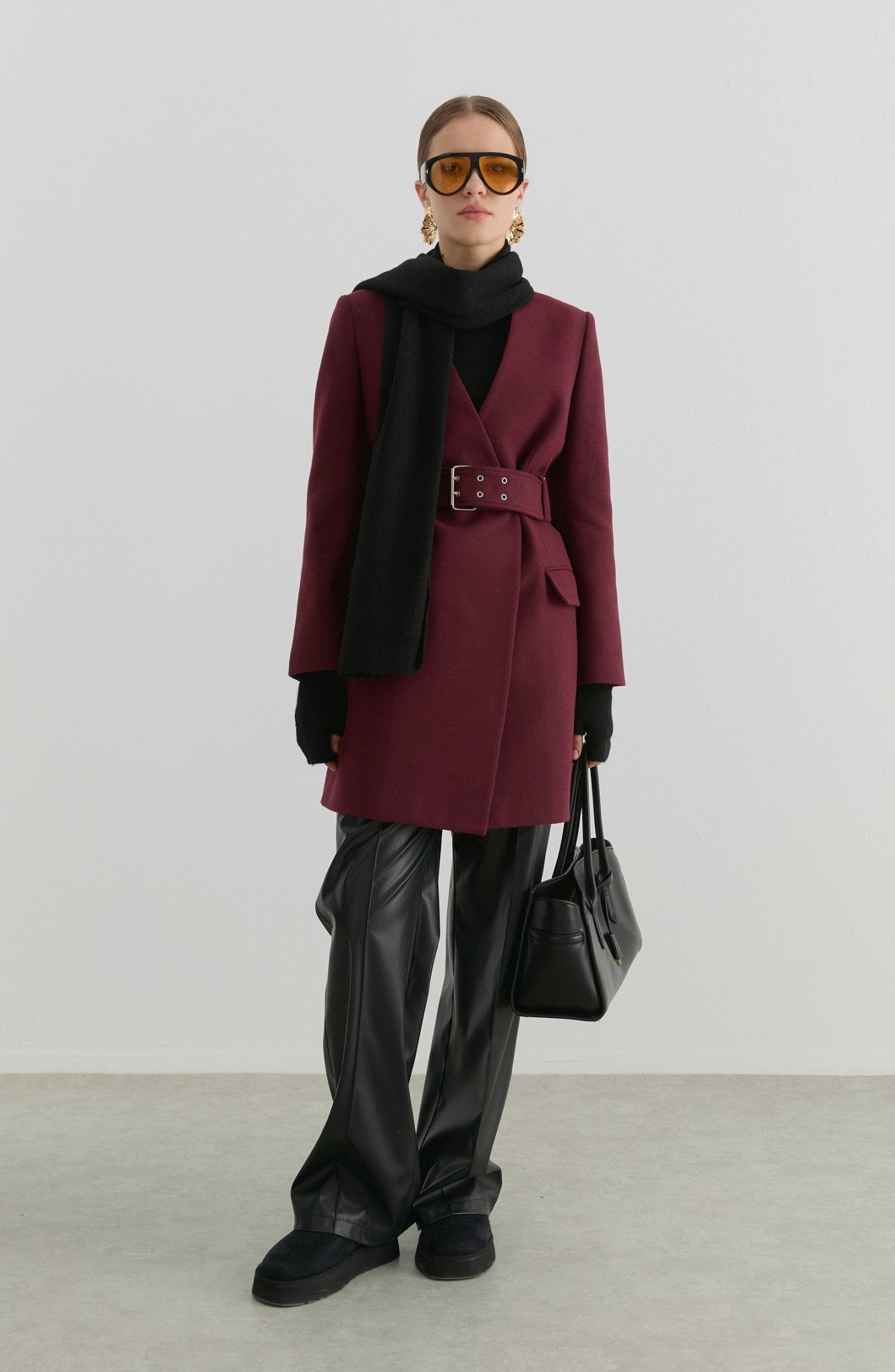 Kemerli Bordo Kaşmir Ceket Kaban - Fatma Atasoy