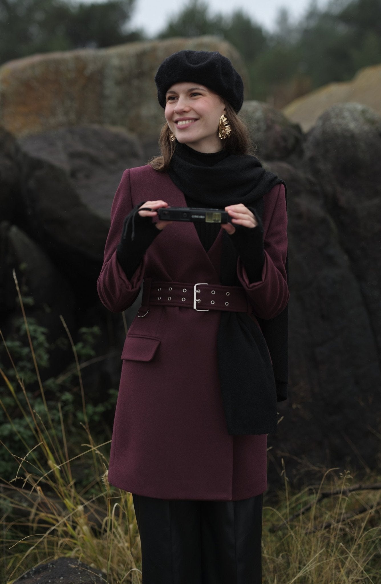 Kemerli Bordo Kaşmir Ceket Kaban - Fatma Atasoy