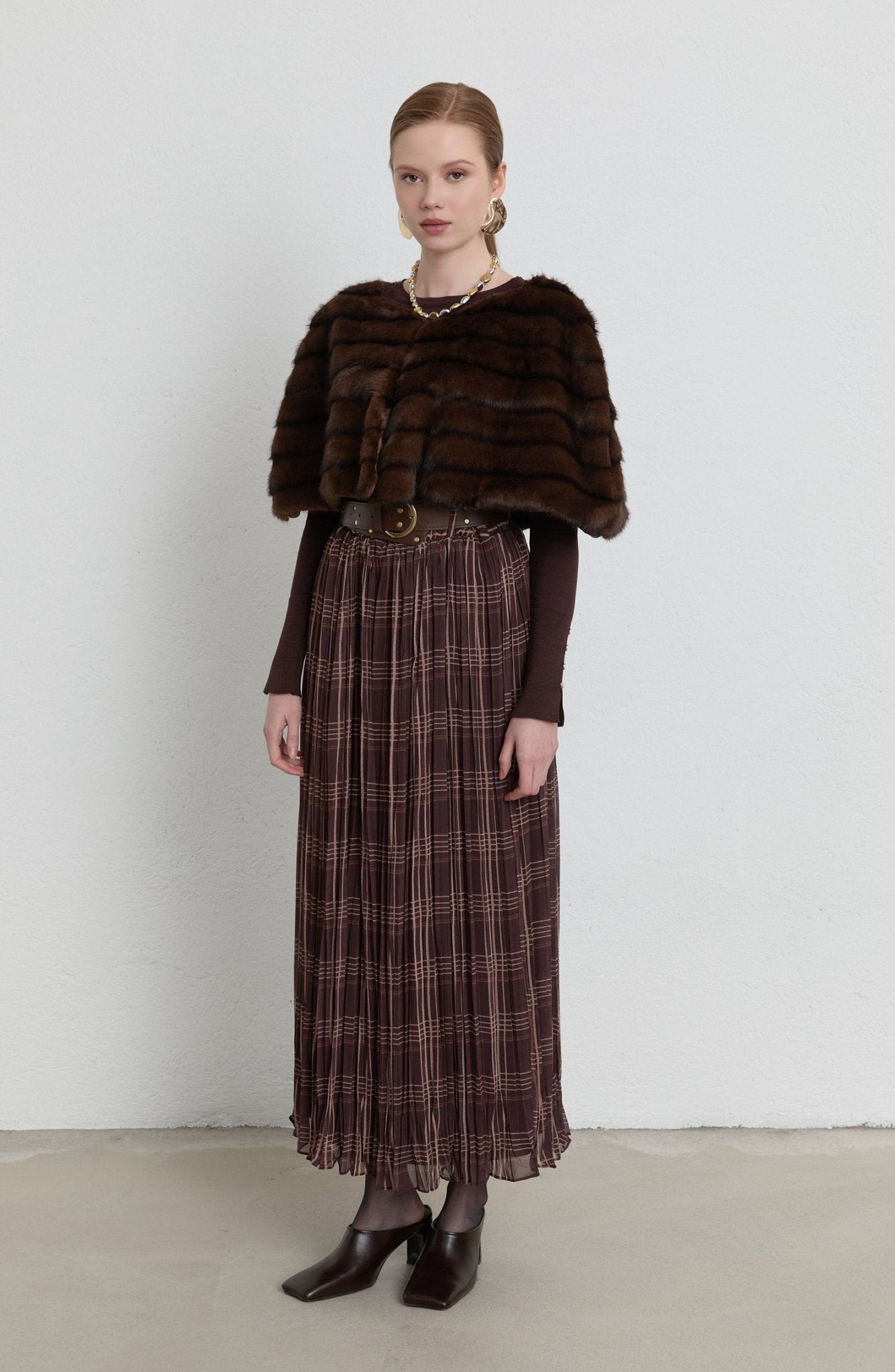 Kemerli Crash Acı Kahve Ekose Şifon Etek - Fatma Atasoy