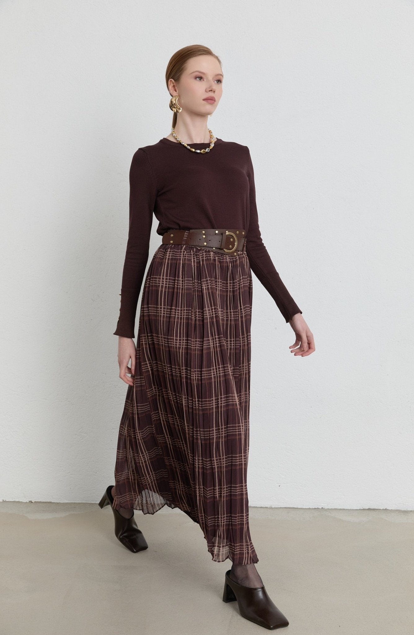 Kemerli Crash Acı Kahve Ekose Şifon Etek - Fatma Atasoy