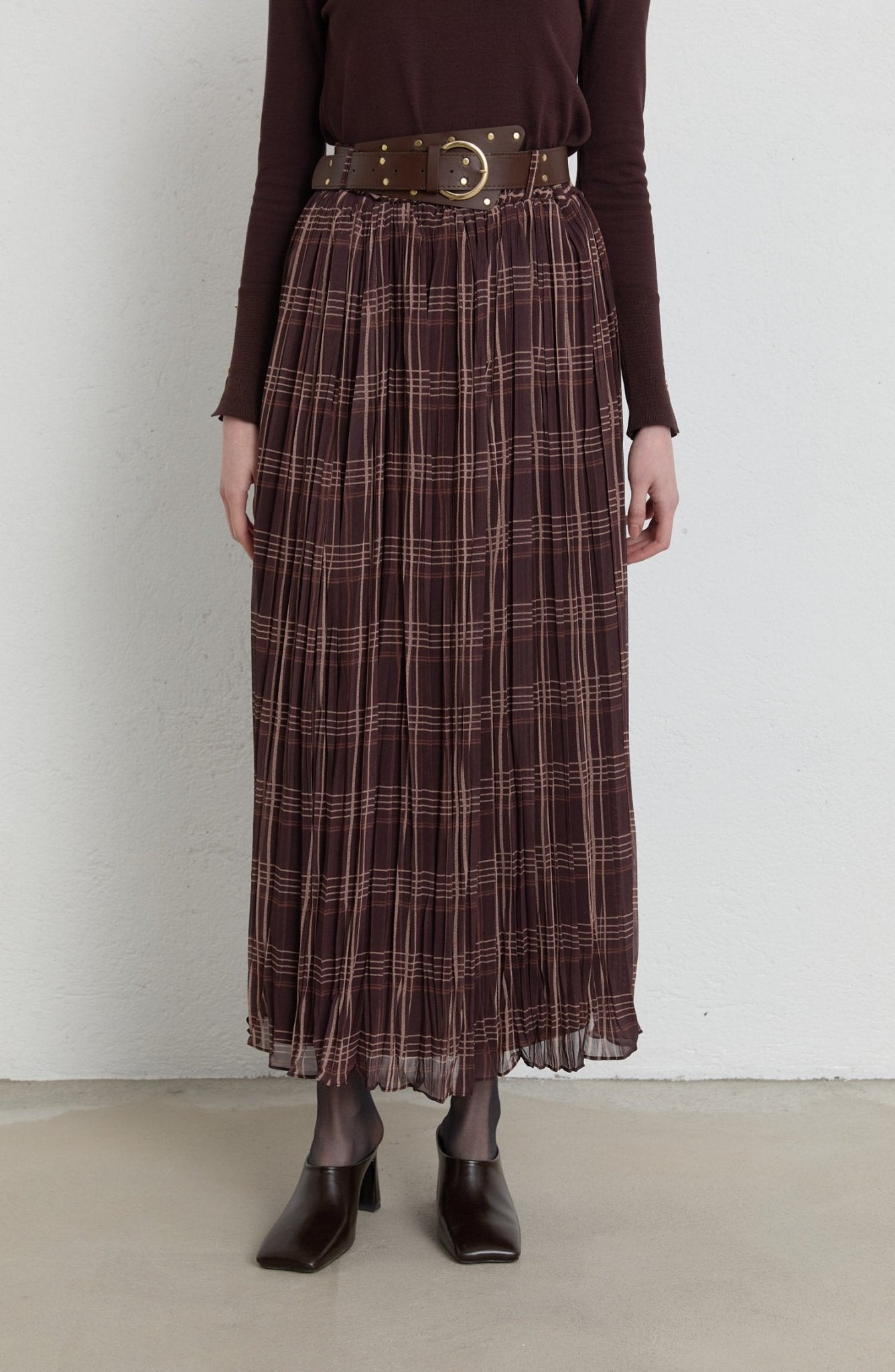 Kemerli Crash Acı Kahve Ekose Şifon Etek - Fatma Atasoy