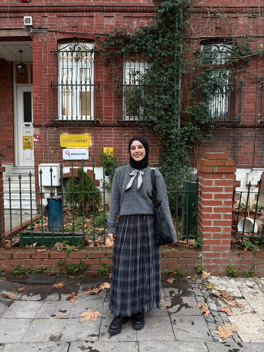 Kemerli Crash Antrasit Ekose Şifon Etek - Fatma Atasoy