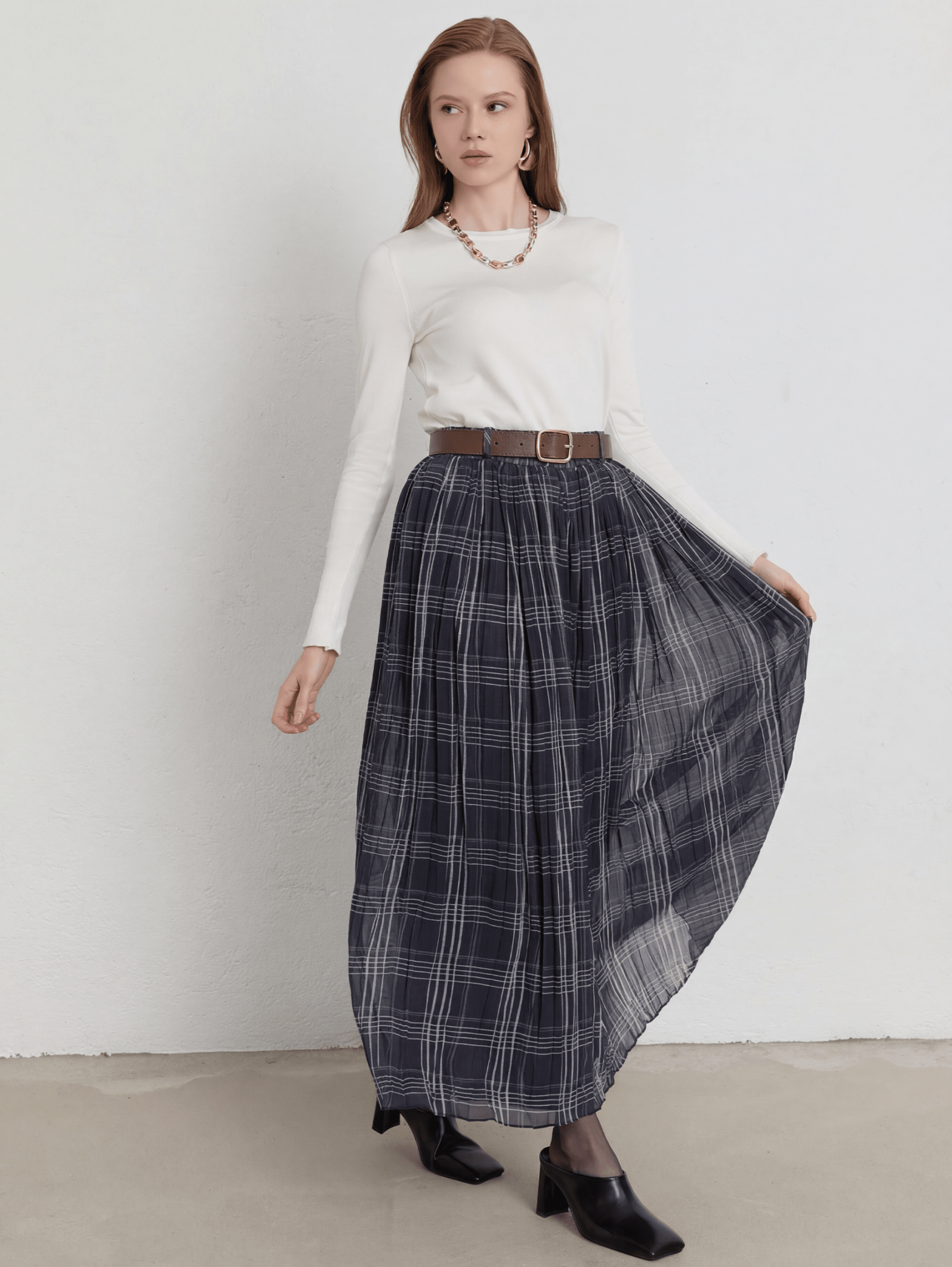 Kemerli Crash Antrasit Ekose Şifon Etek - Fatma Atasoy