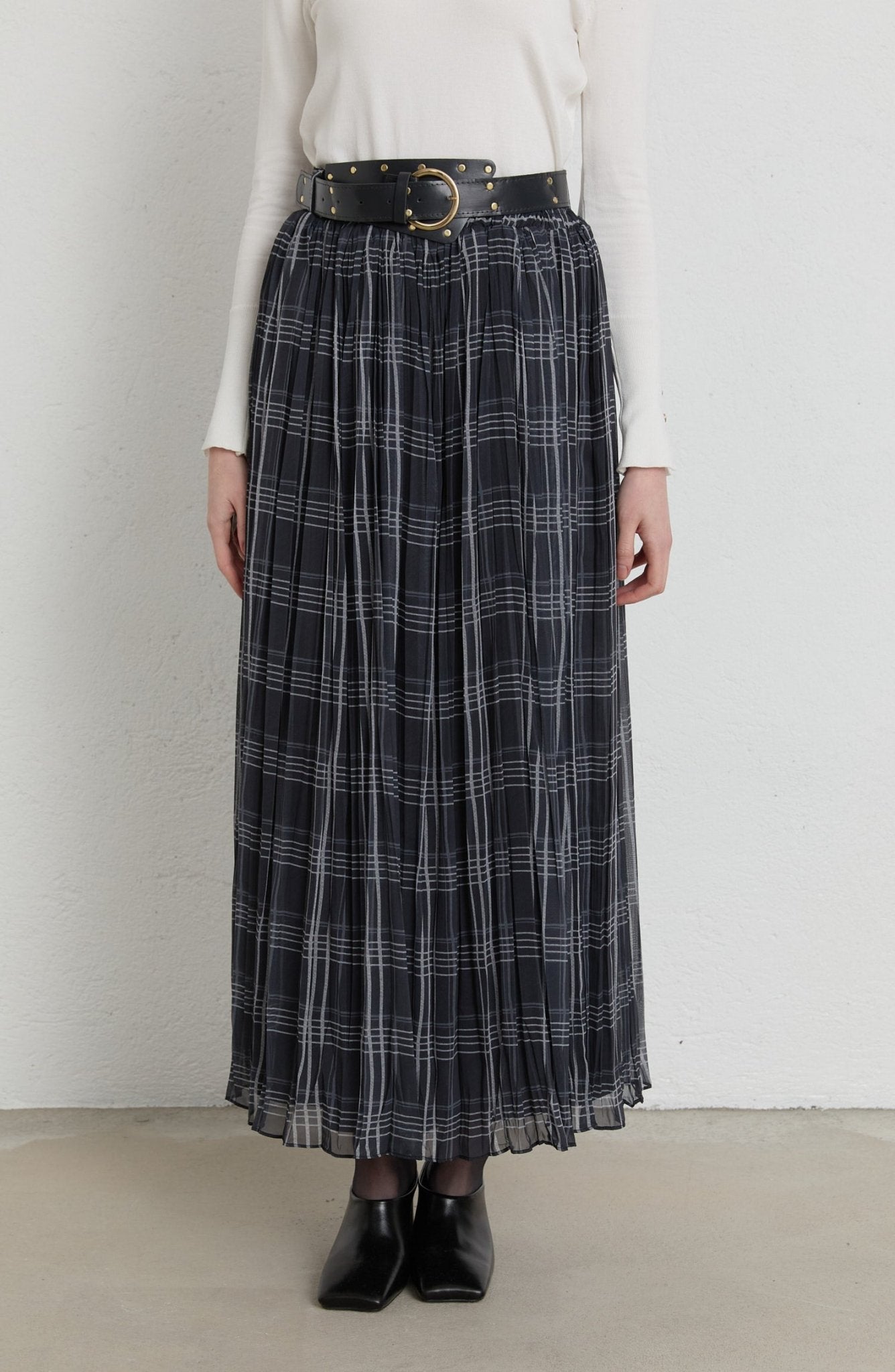 Kemerli Crash Antrasit Ekose Şifon Etek - Fatma Atasoy