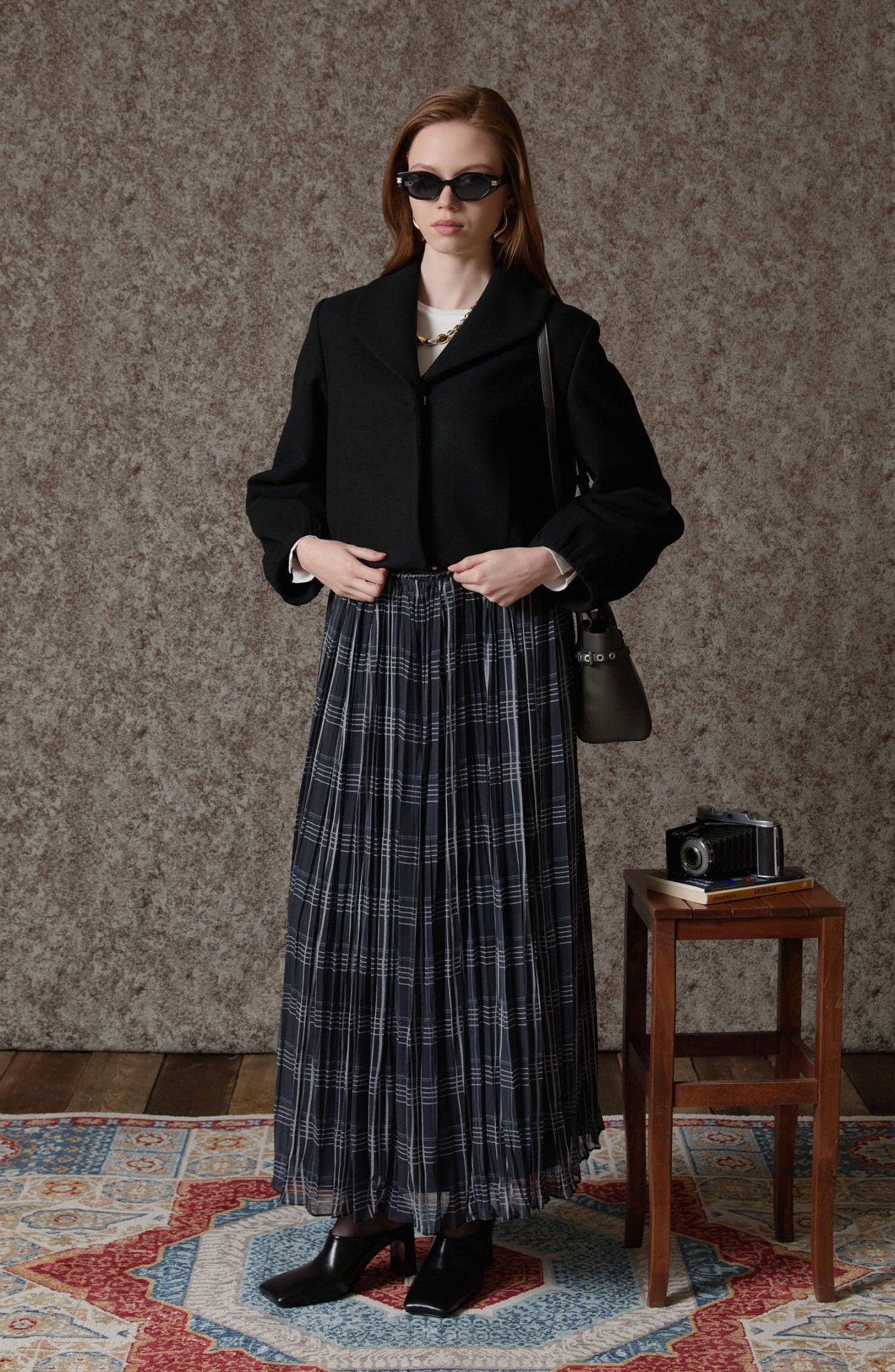 Kemerli Crash Antrasit Ekose Şifon Etek - Fatma Atasoy