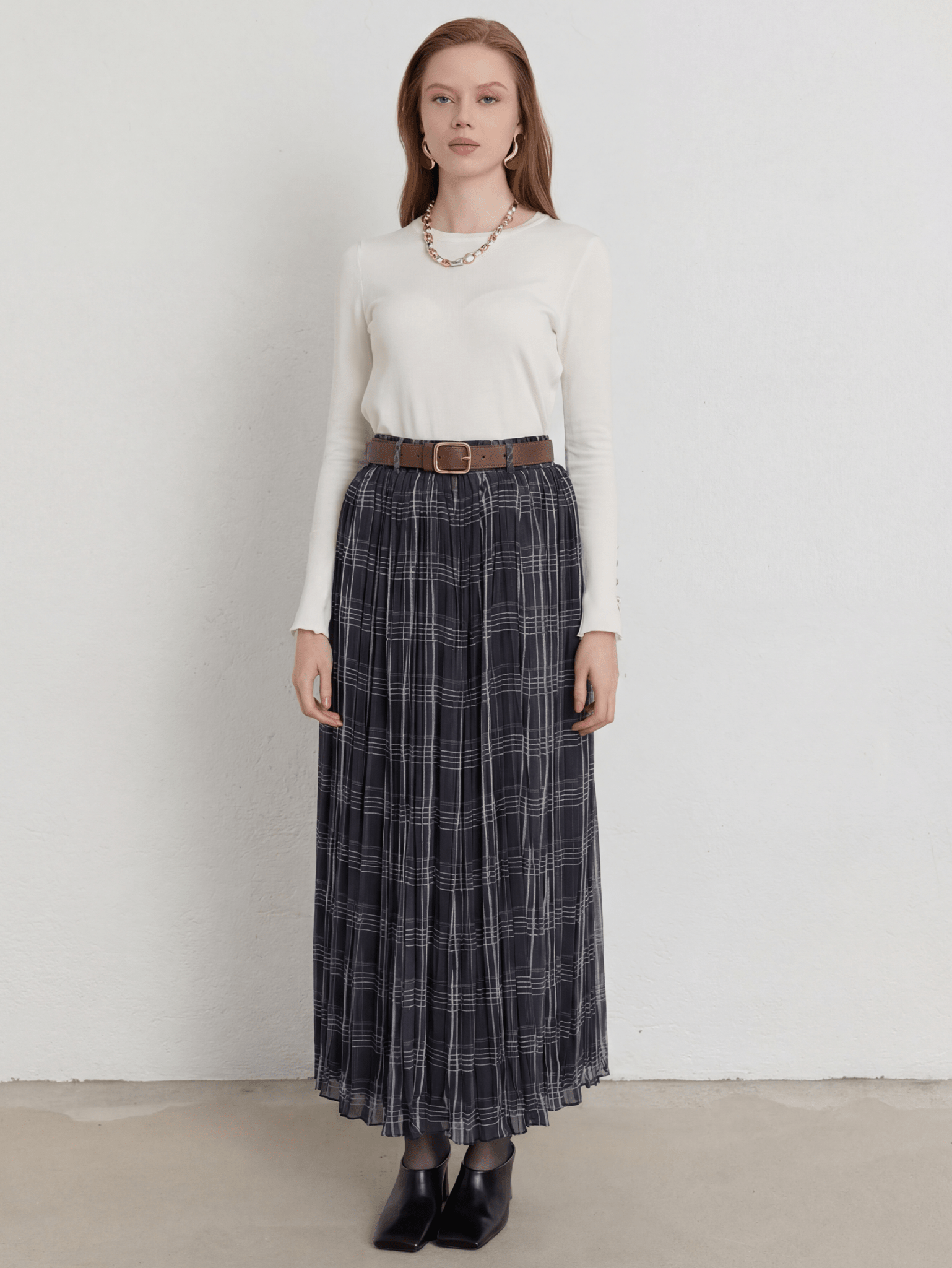 Kemerli Crash Antrasit Ekose Şifon Etek - Fatma Atasoy