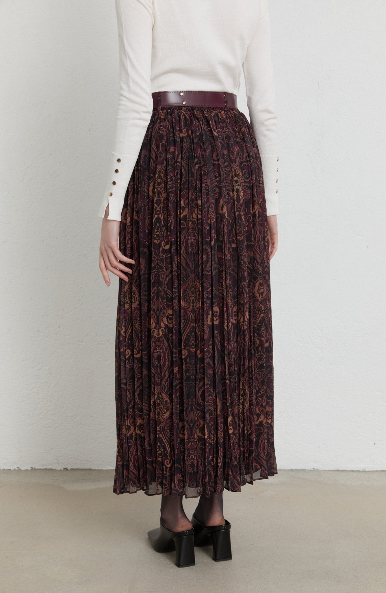 Kemerli Crash Bordo Etnik Desen Şifon Etek - Fatma Atasoy