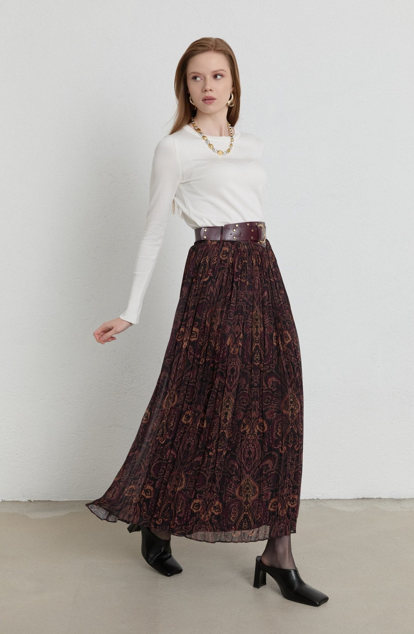 Kemerli Crash Bordo Etnik Desen Şifon Etek - Fatma Atasoy