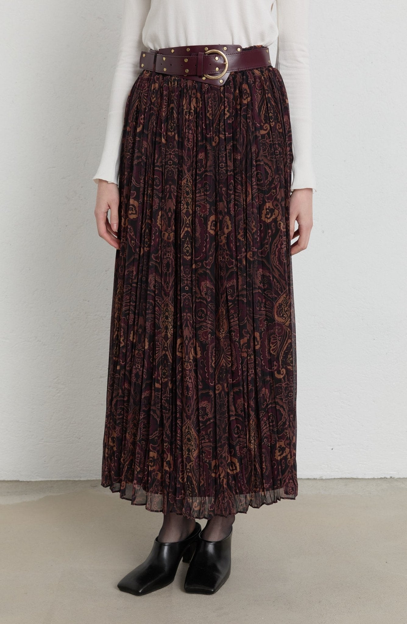 Kemerli Crash Bordo Etnik Desen Şifon Etek - Fatma Atasoy