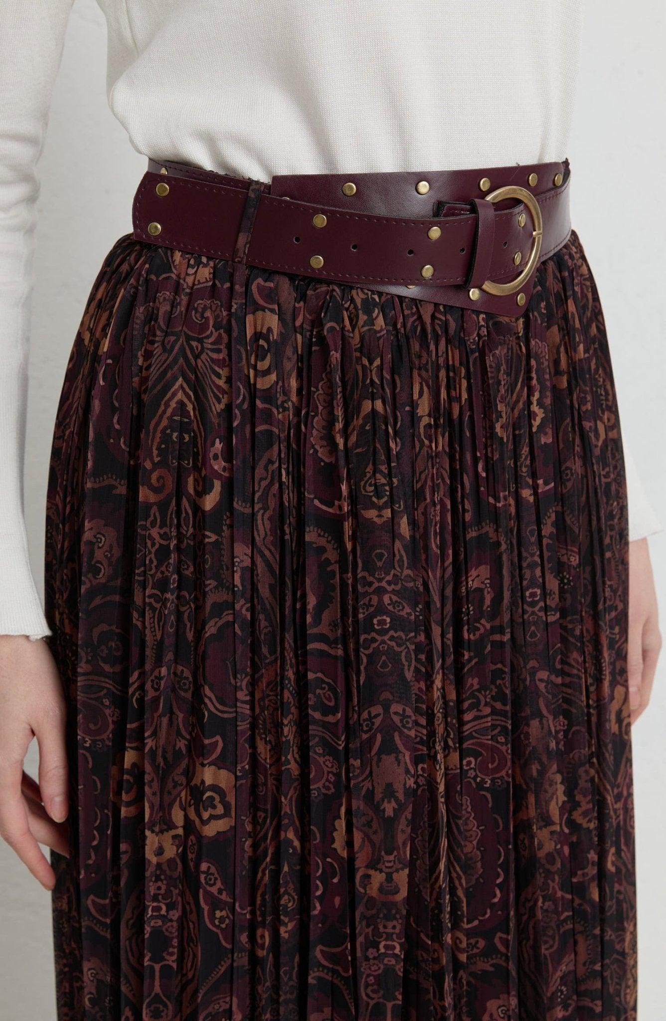 Kemerli Crash Bordo Etnik Desen Şifon Etek - Fatma Atasoy