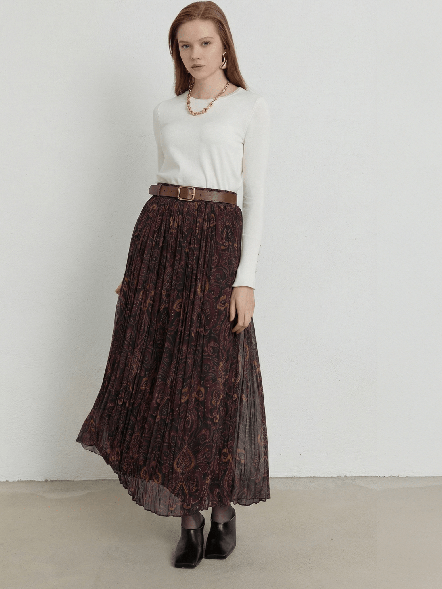 Kemerli Crash Bordo Etnik Desen Şifon Etek - Fatma Atasoy