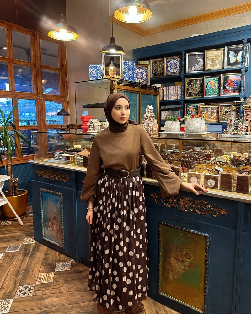 Kemerli Crash Pilise Acı Kahve Puantiyeli Etek - Fatma Atasoy