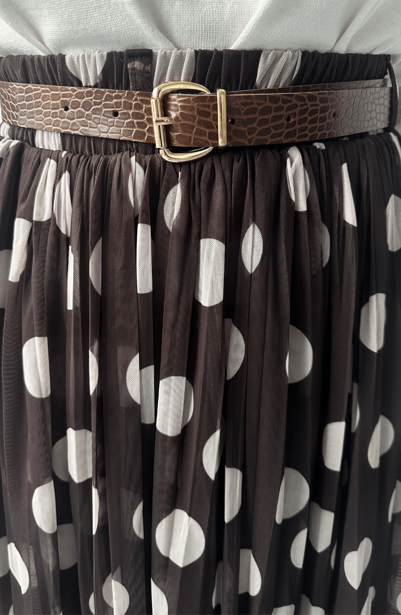 Kemerli Crash Pilise Acı Kahve Puantiyeli Etek - Fatma Atasoy